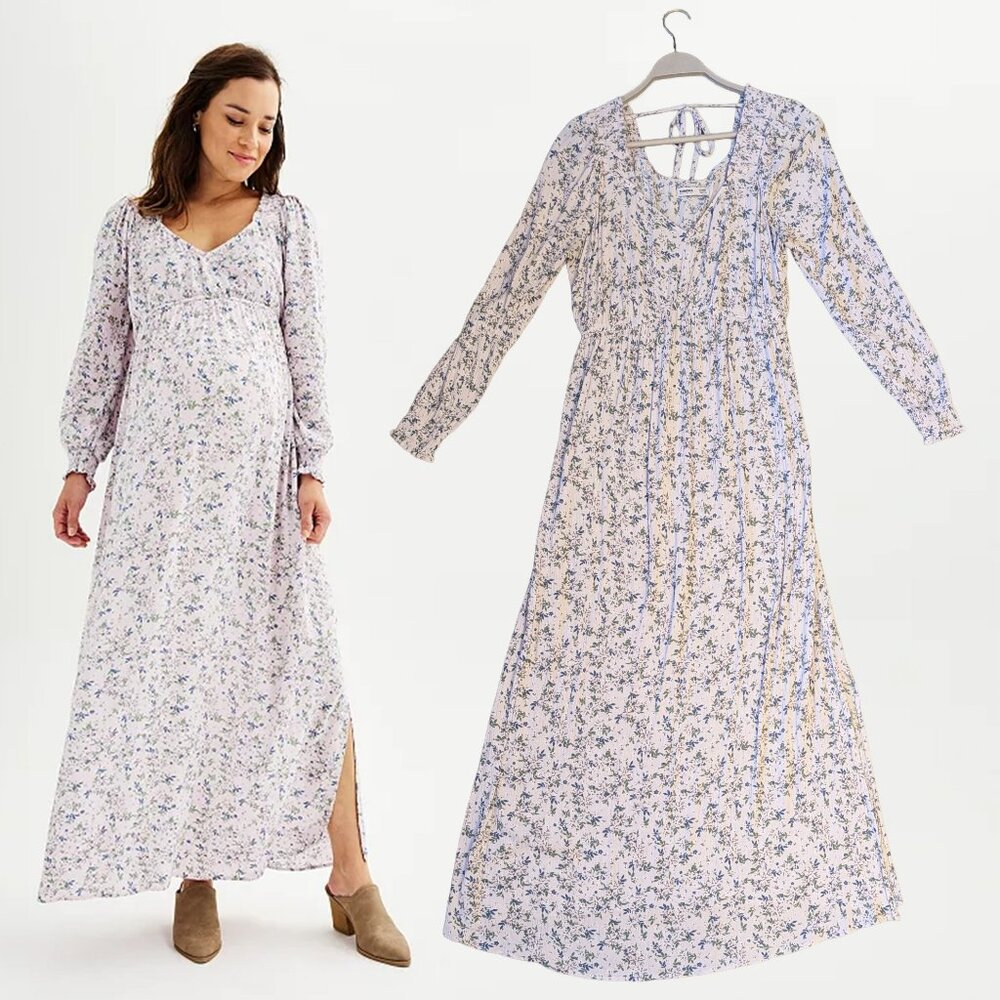 Long Sleeve Floral Maxi Dress with Slit & Tie in Back - Maternity